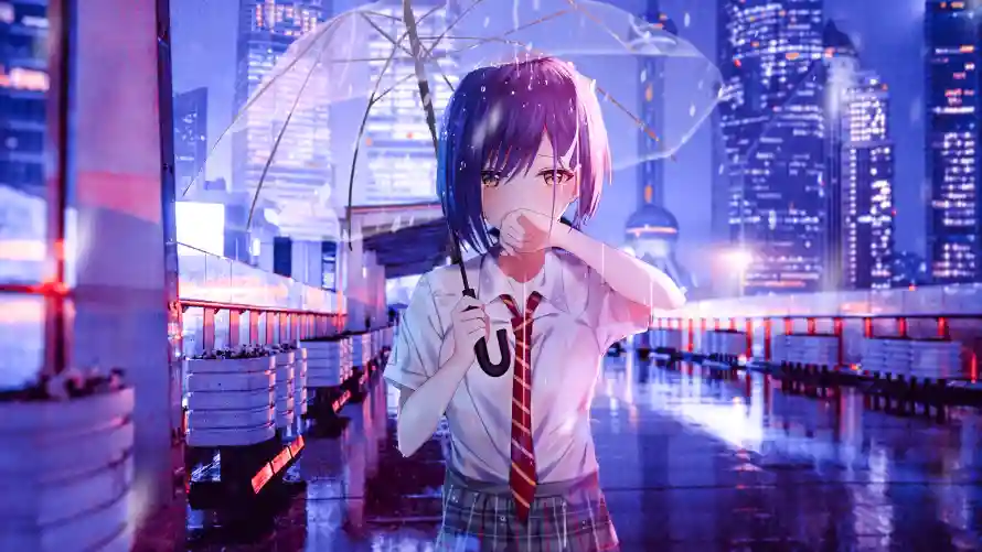 4k夜景壁纸-女孩 - 都市-雨伞「哲风壁纸」