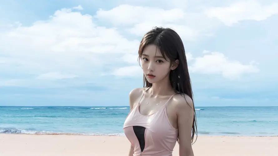 2k清纯壁纸-夏日海边 - 泳衣少女-海滩背景「哲风壁纸」