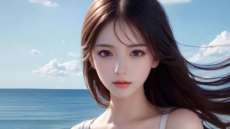 2k海滨壁纸-海边 - 海风-少女写真「哲风壁纸」