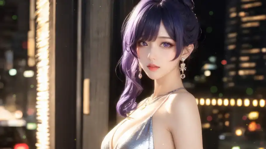 2k紫发壁纸-美女 - 夜景背景-少女壁纸「哲风壁纸」