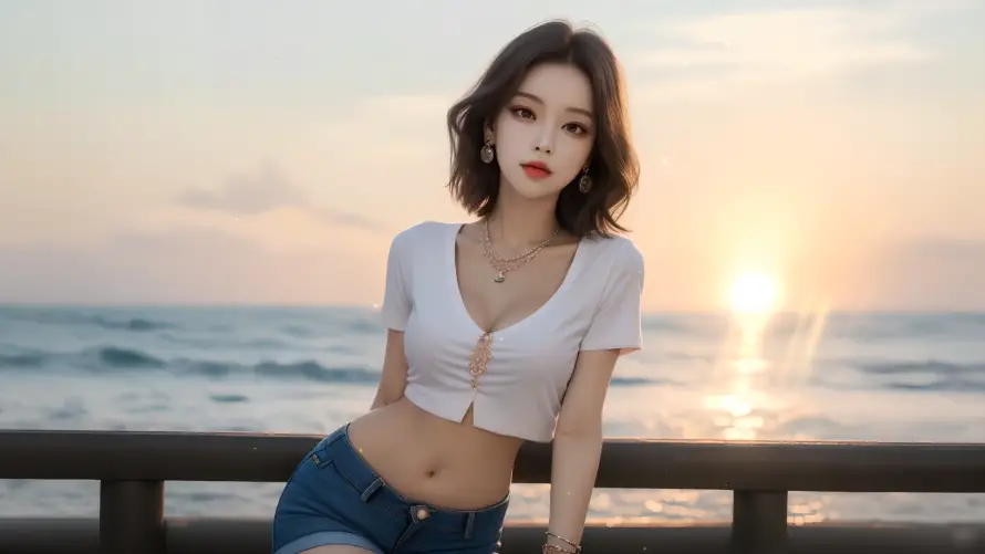 2k性感壁纸-晚霞 - 夏日海边-夕阳美女「哲风壁纸」
