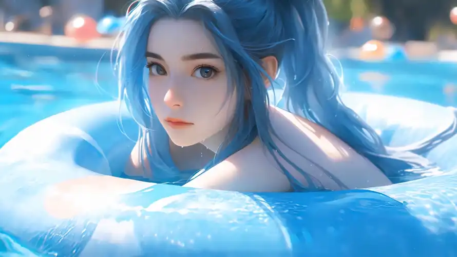 2k少女壁纸-泳池 - 夏日氛围-少女写真「哲风壁纸」