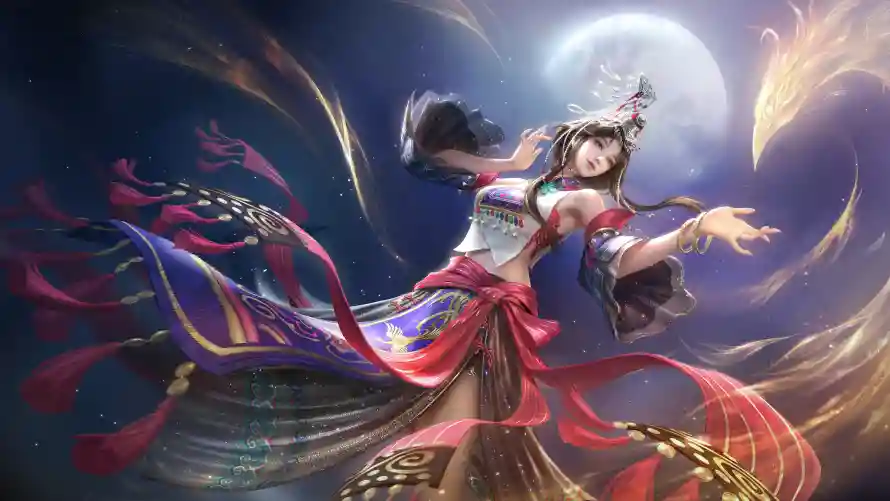 4k月夜壁纸-游戏 - 美女-飘带「哲风壁纸」
