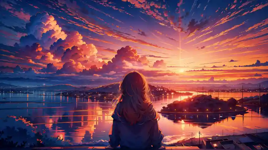 4k夕阳壁纸-湖面 - 背影-火烧云「哲风壁纸」