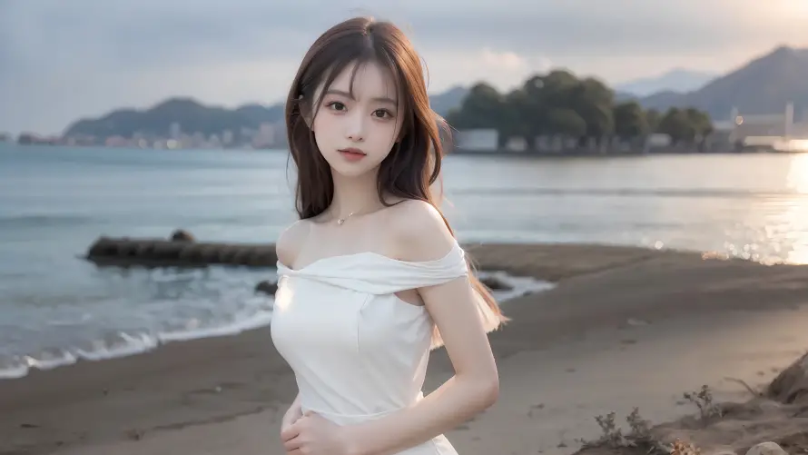 4k湖边壁纸-美女 - 夕阳湖景-暮色沙滩「哲风壁纸」