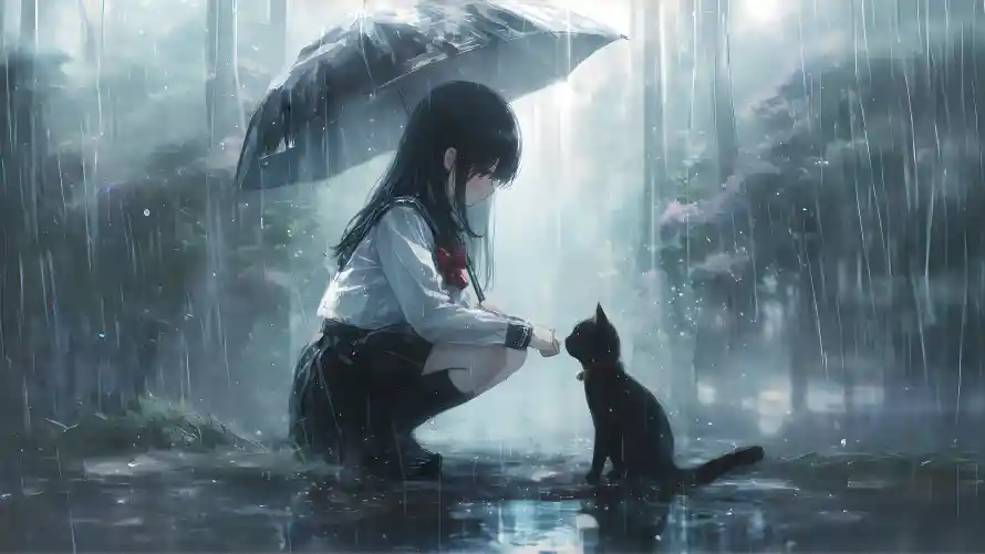 4k下雨壁纸-伞 - 猫-雨天「哲风壁纸」