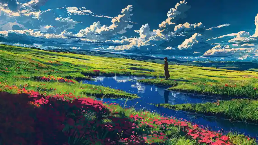 4k云朵壁纸-旷野 - 溪流-花海「哲风壁纸」