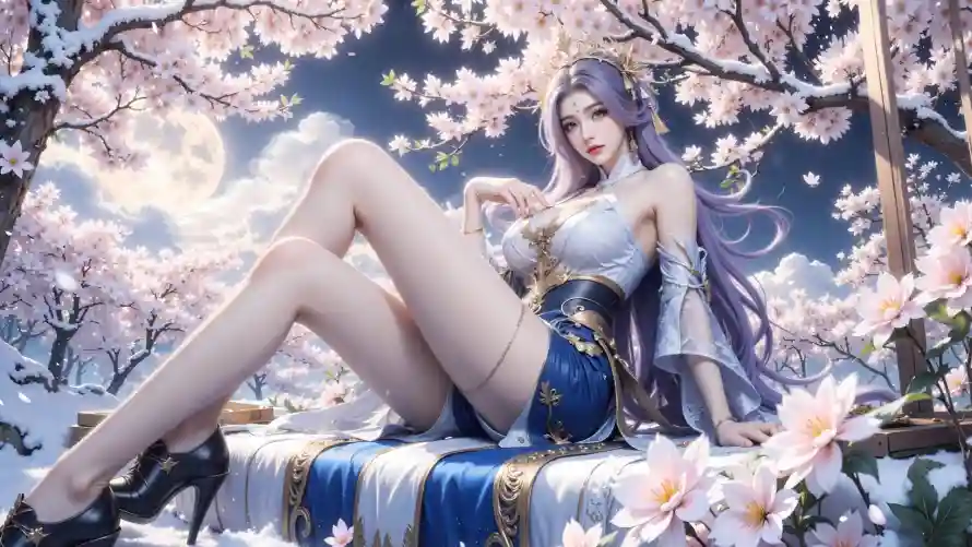 2k美女壁纸-大长腿 - 月夜场景-月夜壁纸「哲风壁纸」
