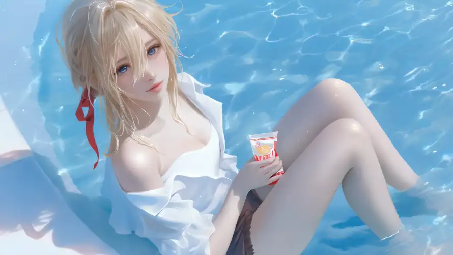 2k坐姿壁纸-夏日 - 少女-泳池「哲风壁纸」