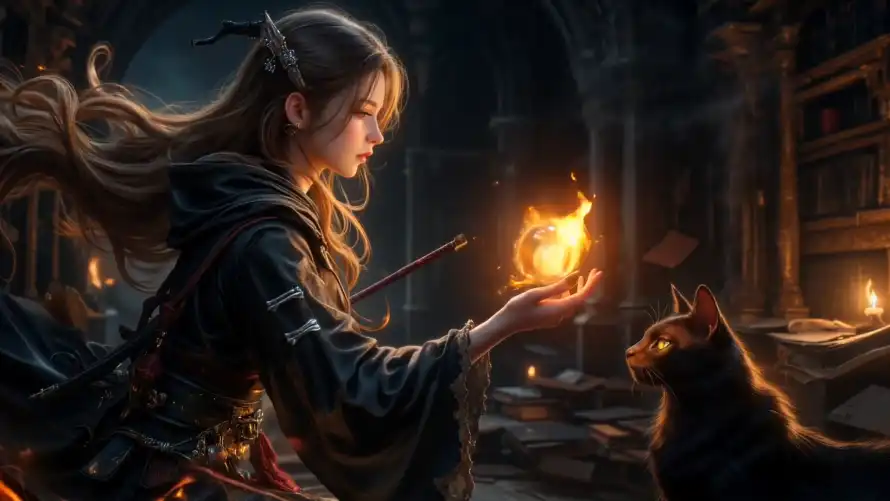 2k古堡壁纸-少女 - 魔法-黑猫「哲风壁纸」