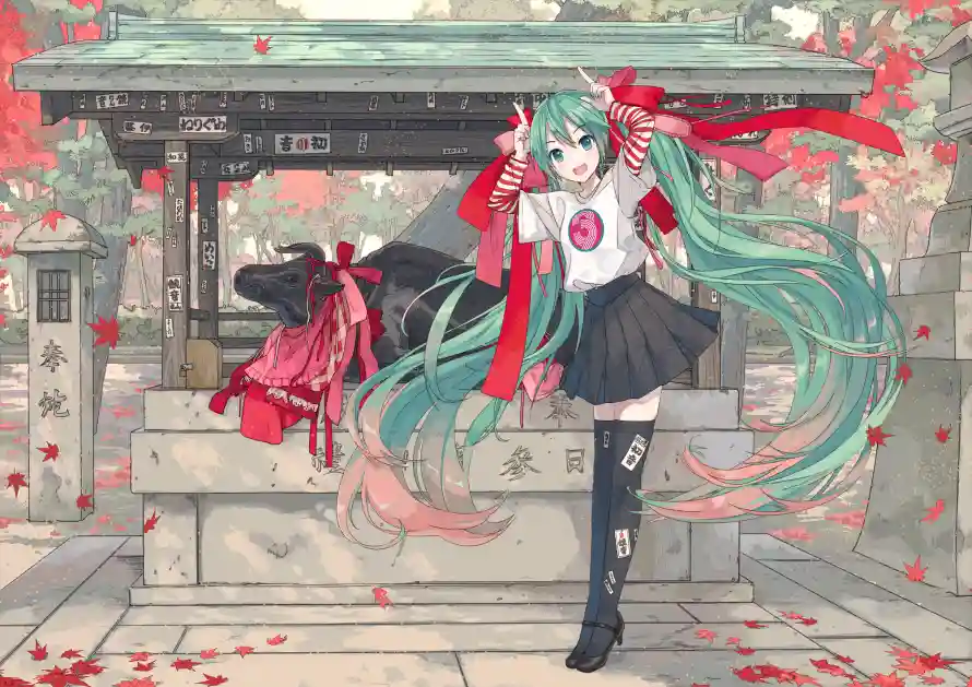 2k寺庙壁纸-红叶 - 双马尾-初音未来「哲风壁纸」