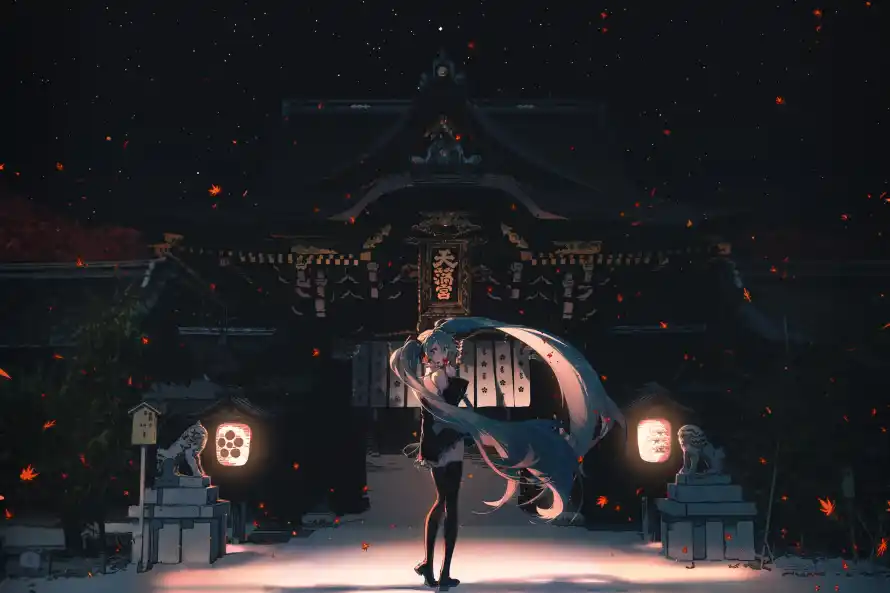 2k寺庙壁纸-初音未来 - 夜间场景-寺庙夜景「哲风壁纸」
