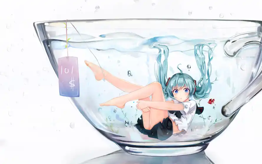 2k水杯壁纸-创意插画 - 初音未来-杯中场景「哲风壁纸」