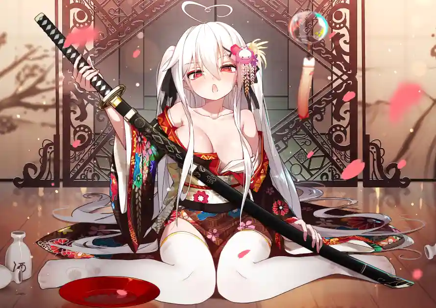 5k白丝壁纸-武士刀 - 和服少女-樱花元素「哲风壁纸」
