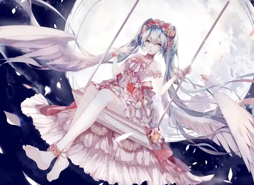 2k翅膀壁纸-初音未来 - 动漫角色-月夜场景「哲风壁纸」