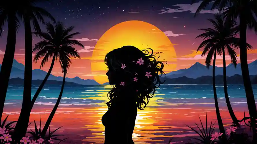 5k剪影壁纸-夕阳 - 女孩-海景「哲风壁纸」