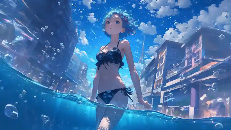 4k动漫插画壁纸-夏日场景 - 水下城市-泳装少女「哲风壁纸」