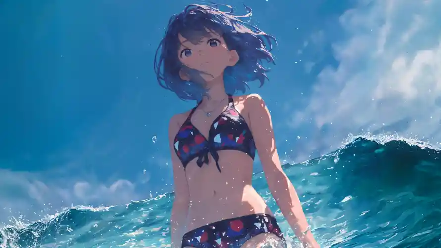 4k蓝天壁纸-海 - 夏日插画-泳装少女「哲风壁纸」