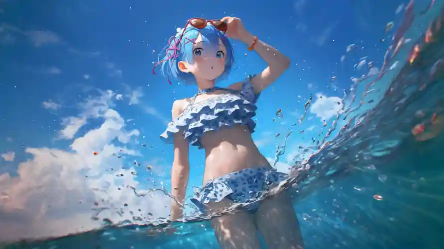 4k海滨壁纸-海 - 蓝发-雷姆「哲风壁纸」