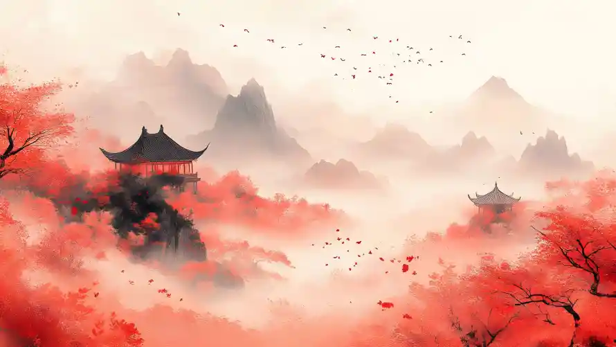 4k中式意境壁纸-丹枫古亭 - 云雾飞鸟-国风山水「哲风壁纸」