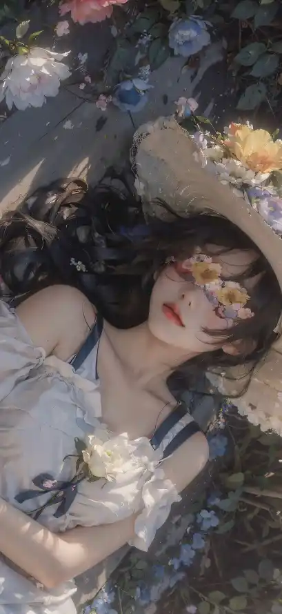 4k女孩壁纸 - 花 - 少女躺姿 - 春日花卉「哲风壁纸」