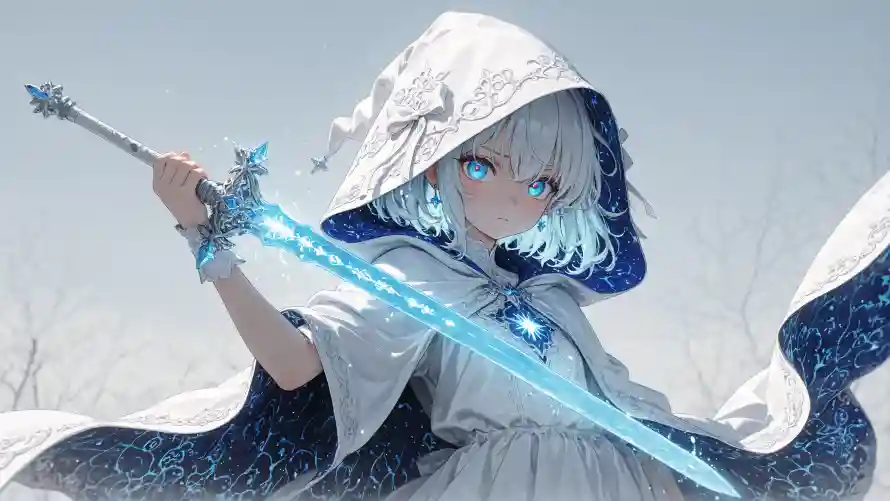 4kAI壁纸-艺术 - 发光长剑-蓝发少女「哲风壁纸」