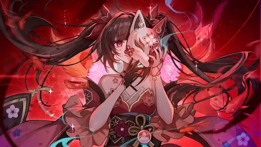 10k面具壁纸-马尾 - 神秘插画-红色背景「哲风壁纸」