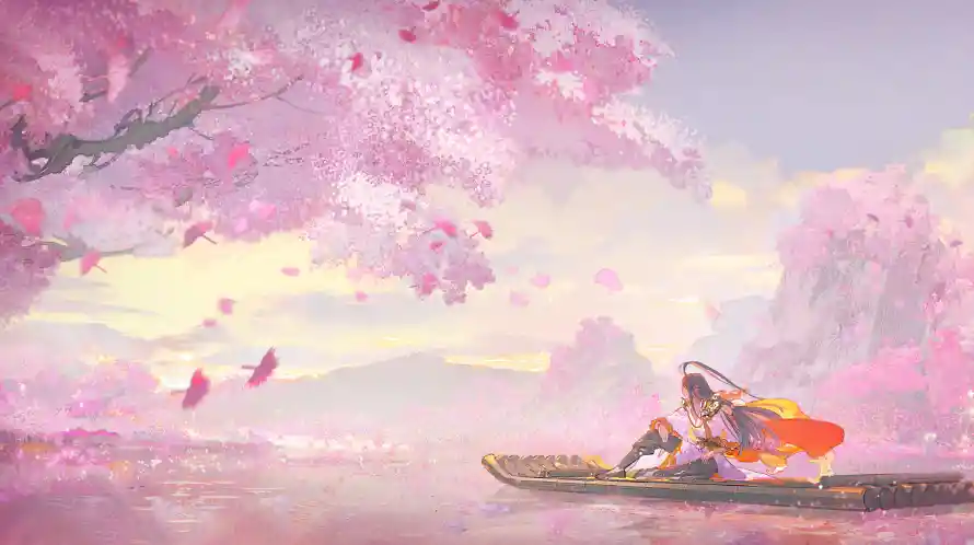 3k动漫角色壁纸-古风场景 - 山水背景-樱花舟行「哲风壁纸」