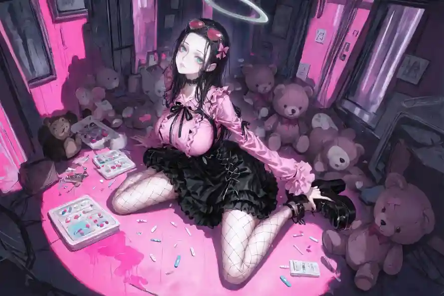 5k渔网袜壁纸-玩偶熊 - 少女插画-暗黑萝莉「哲风壁纸」