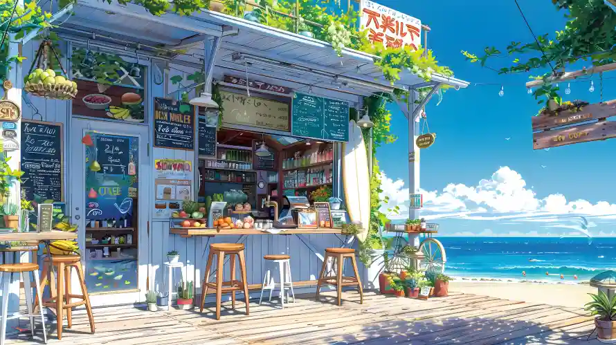 3k夏日壁纸-咖啡屋 - 夏日海边-木质建筑「哲风壁纸」