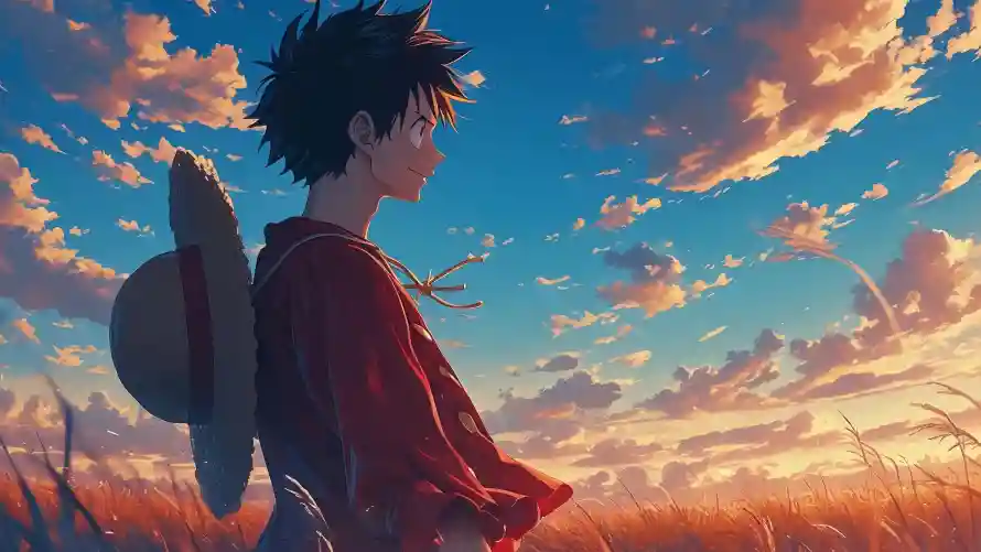 4k动漫角色壁纸-夕阳天空 - 少年背影-草地场景「哲风壁纸」