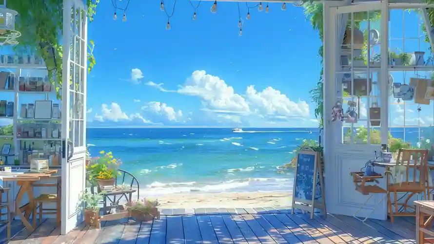 4k治愈系壁纸-夏日海滩 - 木质露台-海景背景「哲风壁纸」