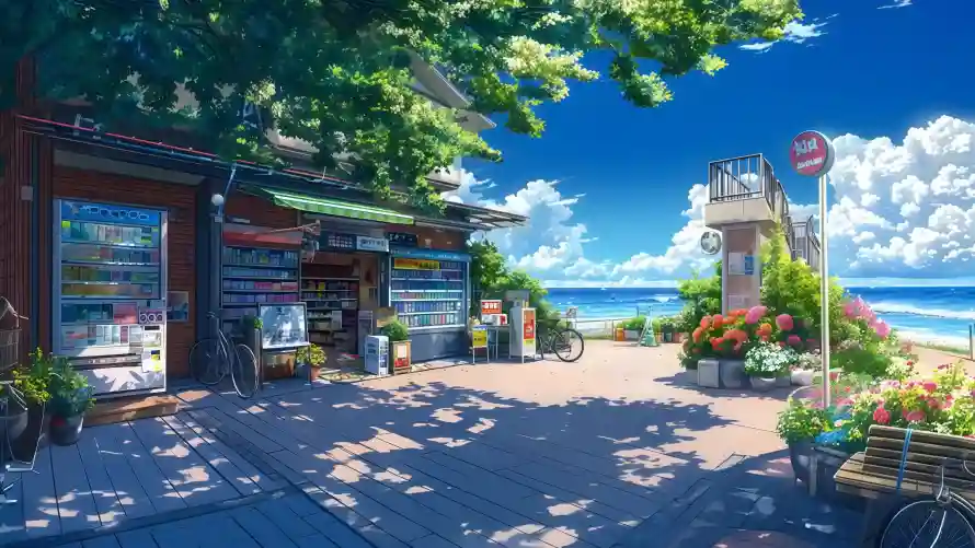 4k树荫壁纸-杂货铺 - 夏日海边-日系插画「哲风壁纸」
