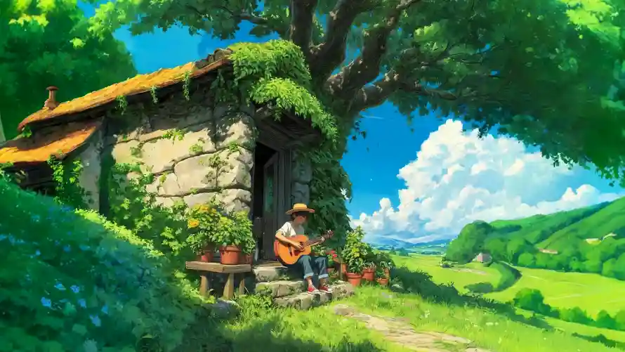 4k吉他壁纸-夏日 - 小屋-树荫「哲风壁纸」