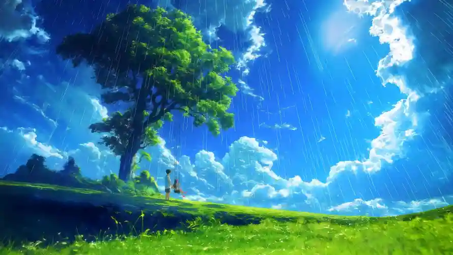 4k夏日壁纸-秋千 - 太阳雨-动漫风景「哲风壁纸」