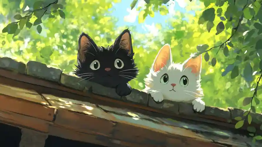 4k双猫同框壁纸-墙头小猫 - 夏日树荫-树荫墙头「哲风壁纸」