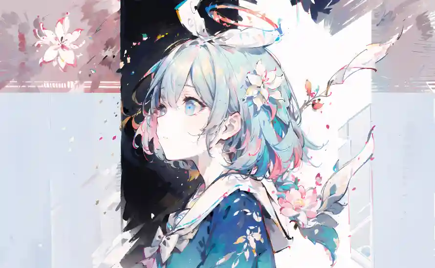 7k阿洛娜壁纸-插画风格 - 花朵元素-蓝发少女「哲风壁纸」