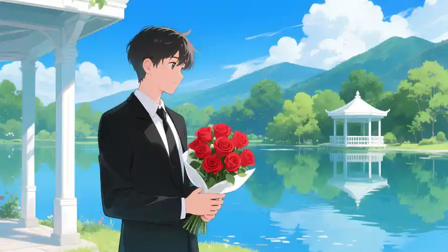 3k浪漫插画壁纸-湖景凉亭 - 玫瑰表白-表白场景「哲风壁纸」