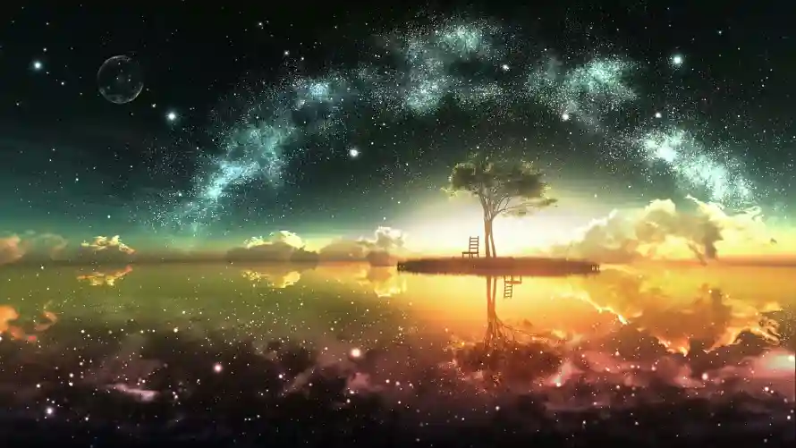 2k奇幻壁纸-星空 - 天际倒影-晨曦树影「哲风壁纸」