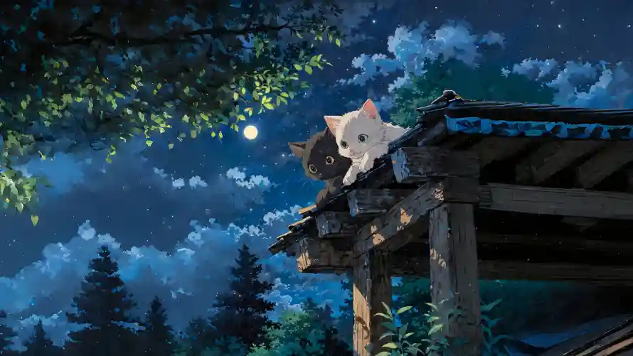 4k夜晚壁纸-宠物小猫 - 黑猫白猫-夜晚黑猫白猫「哲风壁纸」