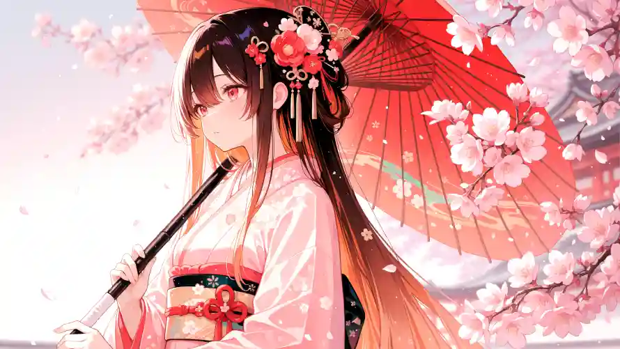 3k樱花壁纸-美女 - 古风少女-和服美女「哲风壁纸」
