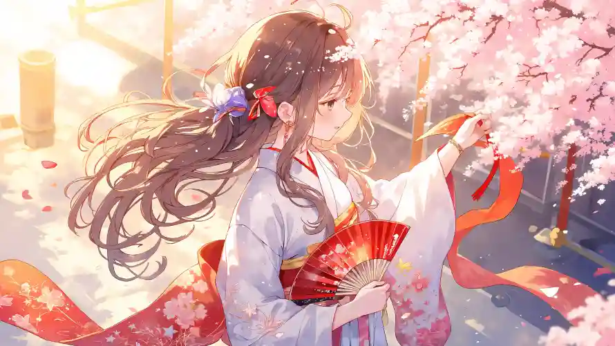 3k樱花壁纸-美女 - 和服少女-和风元素「哲风壁纸」