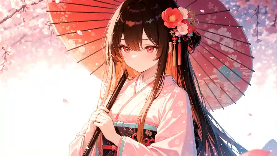 3k樱花壁纸-美女 - 樱花伞-和服美女「哲风壁纸」