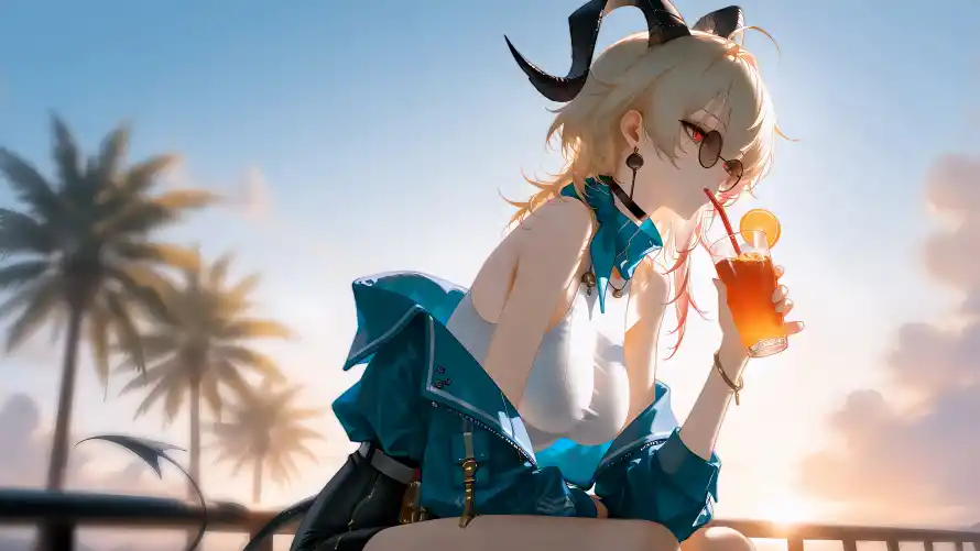 8k墨镜女孩壁纸-夏日冰饮 - 恶魔之角-墨镜美少女「哲风壁纸」