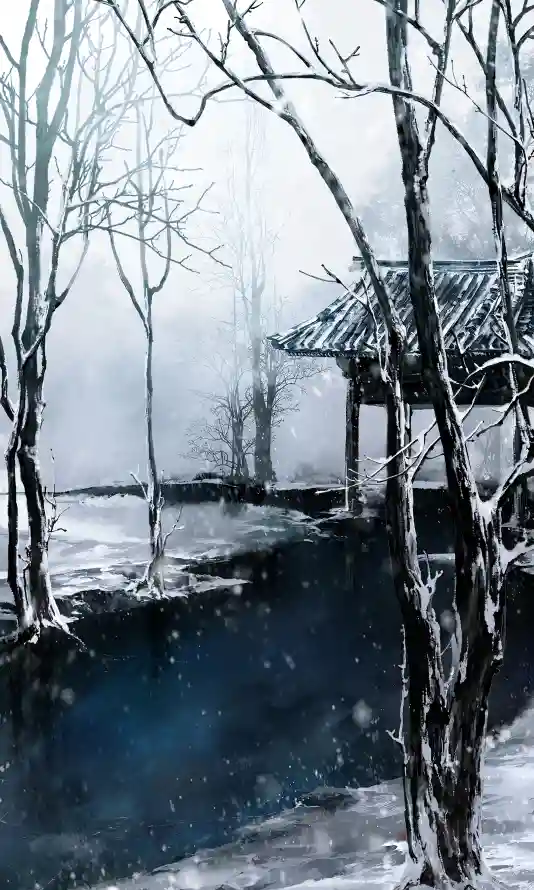 4k阴阳师壁纸 - 古风小屋 - 水墨场景 - 雪境枯木「哲风壁纸」