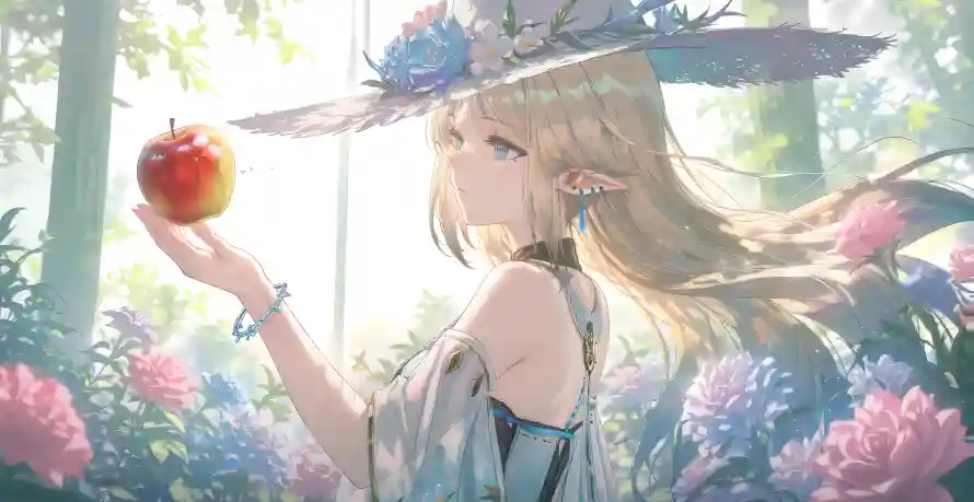 5k少女壁纸-阳光 - 宽边花帽-手持苹果「哲风壁纸」