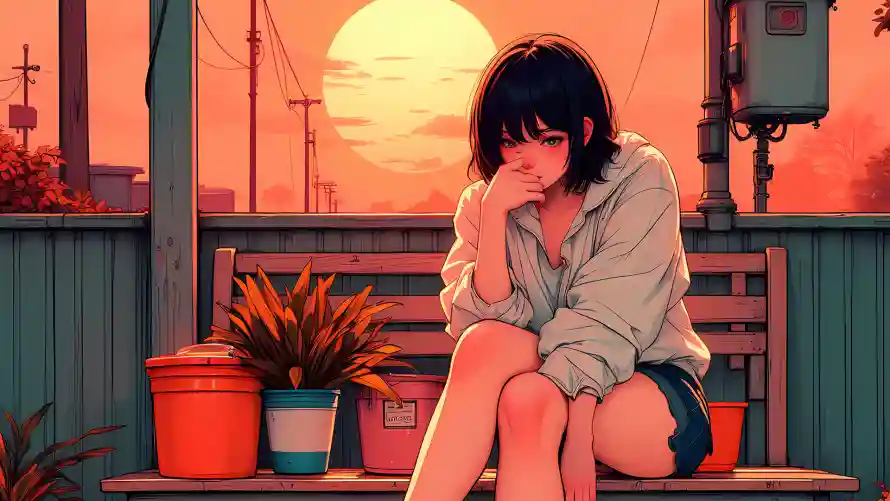2k夕阳壁纸-少女 - 插画-高饱和「哲风壁纸」