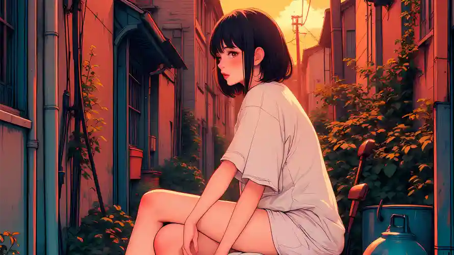 2k夕阳壁纸-少女 - 插画-余晖少女插画「哲风壁纸」