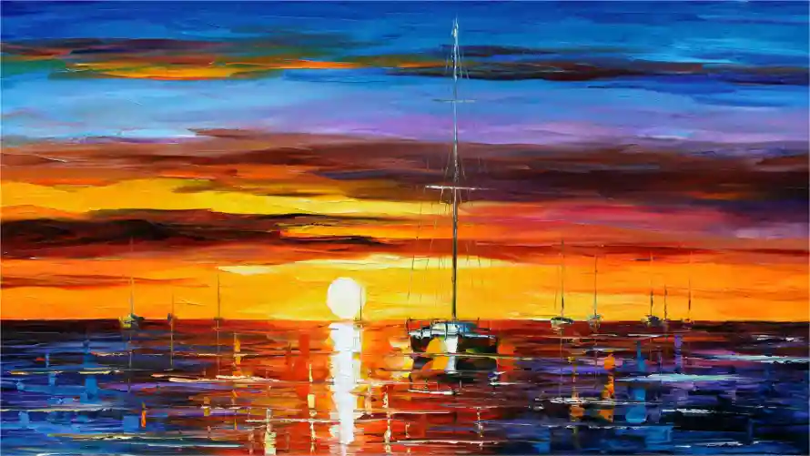 2k名画壁纸-油画 - 光影艺术-夕阳海面「哲风壁纸」
