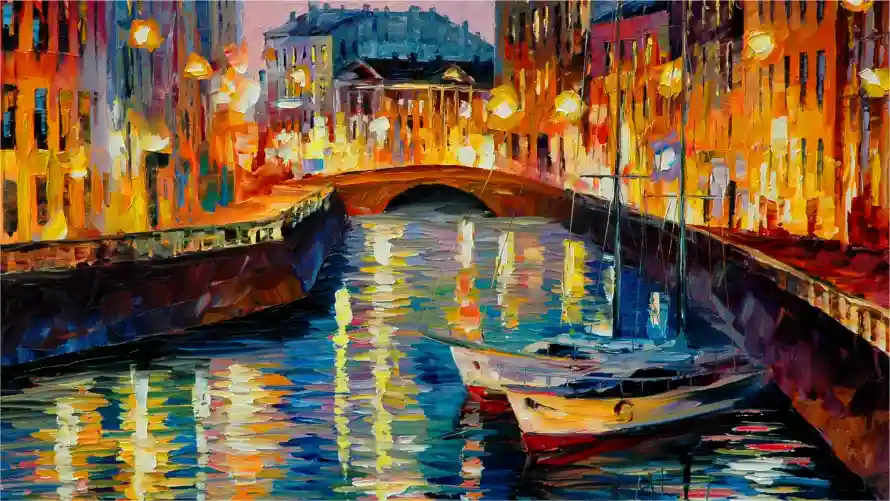 2k名画壁纸-油画 - 城市桥梁-夜景绘画「哲风壁纸」